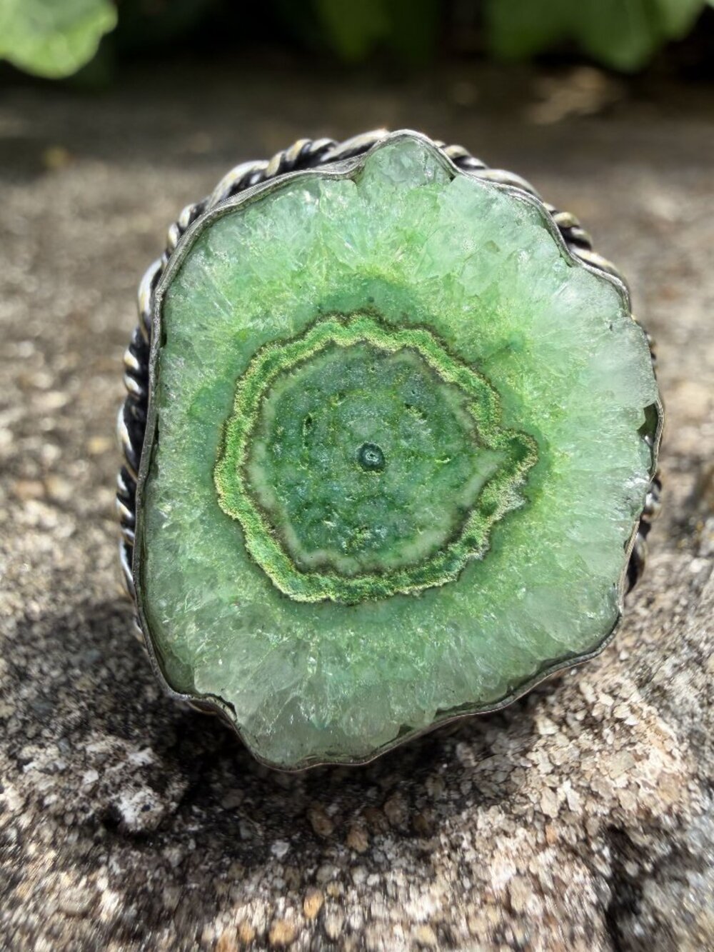 Sterling Silver Ring 8.5 Green Solar Quartz Stalactite Slice Statement OOAK Boho